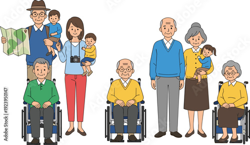 Happy Multi-Generation Family Cartoon Vector Illustration Set with Grandparents, Parents, and Children