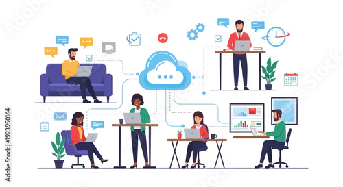 Diverse Professionals Collaborating Remotely via Cloud Computing Network. Digital Workflow, Modern Business Communication & Flexible Workspaces Illustration.