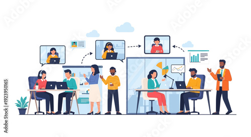 Hybrid Work Collaboration: Diverse Team Working In-Office and Remotely, Connected by Virtual Meetings and Digital Communication