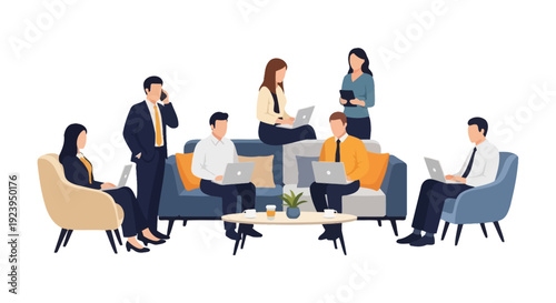 Diverse Business Team Collaborating in a Flexible Modern Office Space - Professional Group Working on Laptops