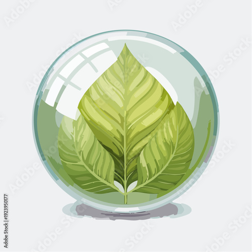Green leaves enclosed in a transparent glass globe on a white background.