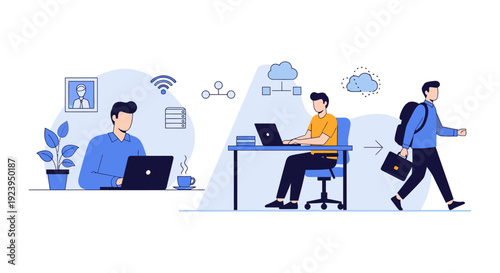 Hybrid Work & Career Journey: Remote, Office, and Professional Progression. Modern Digital Workplace Transformation and Employee Lifestyle Concept