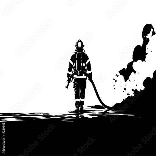 Firefighter Walking with Hose — Emergency Rescue Silhouette Illustration