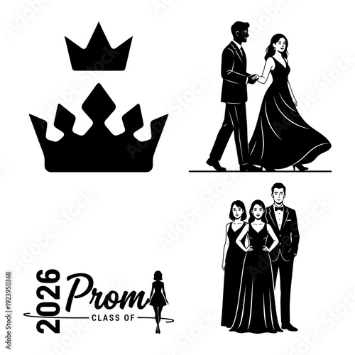 Prom crown and couple logo bundle with classy silhouettes and script mark