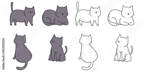 Hand-drawn cartoon and doodle set of cats on a white background.