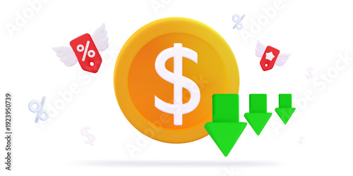 3d low price Dollar coin with arrow down and up Financial loss or growth, increase or low of revenue