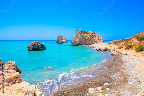 The Bay of Aphrodite is famous attraction of Cyprus were located between Limassol and Paphos. large stones from ancient times counted as the birthplace of Aphrodite.
