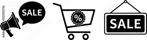 Black and white icons depicting a sale promotion with shopping cart and loudspeaker.