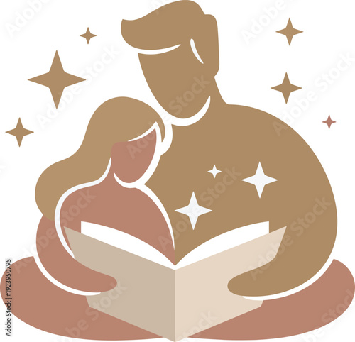 Father reading a storybook to his daughter with magical stars representing imagination and bonding at home.