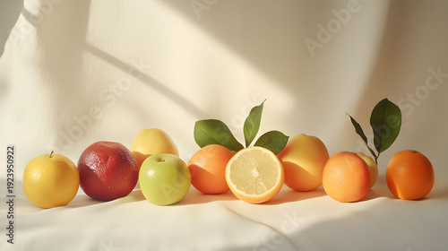 A vibrant still life of assorted fresh fruits, including apples, oranges, and lemons, artfully arranged on a textured white cloth background with soft lighting and shadow play