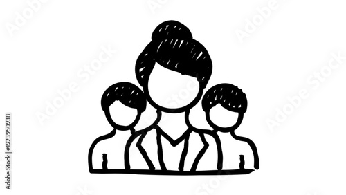 Hand drawn female leader with team doodle icon, business team vector illustration isolated on white background