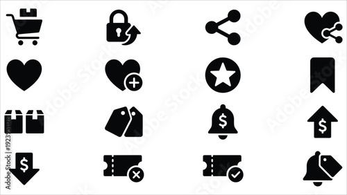 Set of 16 Black E-commerce Shopping and Payment Icons Vector