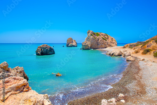 The Bay of Aphrodite is famous attraction of Cyprus were located between Limassol and Paphos. large stones from ancient times counted as the birthplace of Aphrodite.