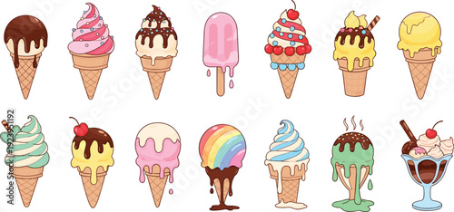 Cute ice cream collection illustration colorful frozen dessert cones popsicle sundae vector set sweet summer food design isolated on white background