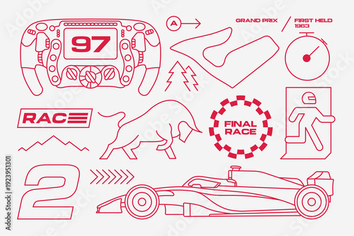 Set streetwear auto racing line cartoon stickers. Sport Race Car Driving Championship vector illustration. Outline is editable