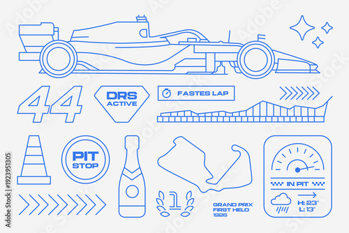 Set streetwear auto racing line cartoon stickers. Sport Race Car Driving Championship vector illustration. Outline is editable