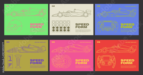 Set Streetwear Auto: Modern Racers, Retro Style. Sport Race Car Driving Championship vector illustration. Outline is editable.