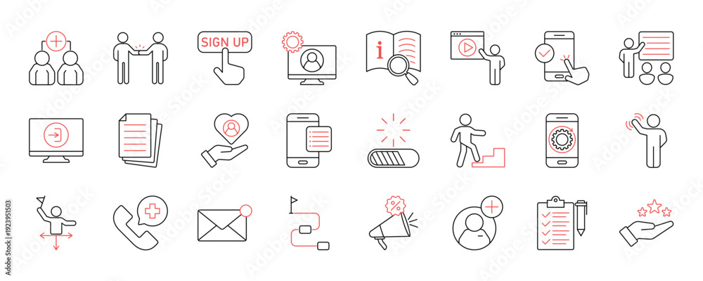 Obraz premium User onboarding solid vector icon collection, welcome, sign up, user guide, tutorial, steps, promotion, login and more. EPS 10
