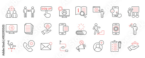 User onboarding solid vector icon collection, welcome, sign up, user guide, tutorial, steps, promotion, login and more. EPS 10