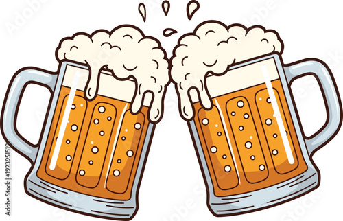 Two frothy beer mugs clinking together celebration illustration vector icon for Oktoberfest pub party toast alcohol beverage design cheers festive graphic artwork