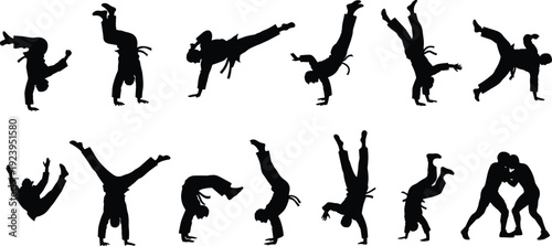 Martial arts acrobat silhouettes illustration dynamic fighting flips kicks vector set breakdance parkour combat poses isolated on white background