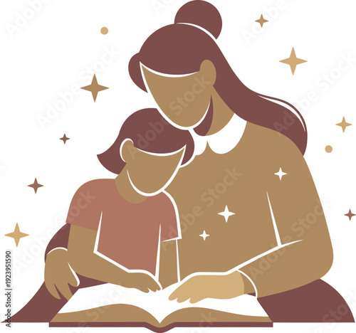 Loving mother reading a bedtime story book to her daughter with magical stars background vector art.