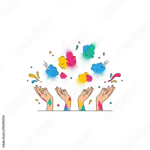 Minimalist Vector Illustration of Joyful Hands Throwing Colorful Powder Clouds in Flat Design