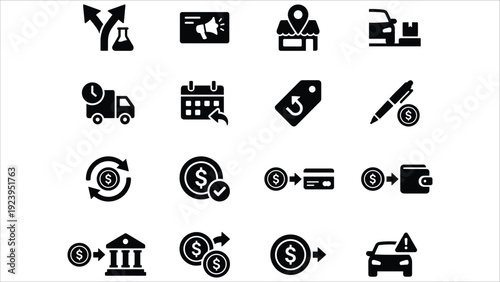 Set of 16 Black Business and Finance Icons Vector