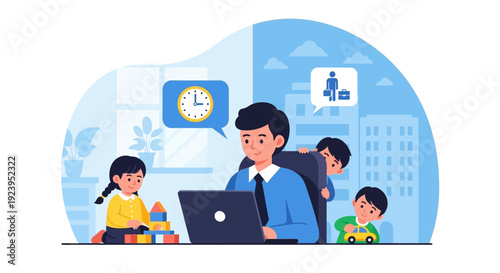 Father Working Remotely from Home with Kids Playing, Balancing Career and Family Life. Work-Life Integration Illustration.