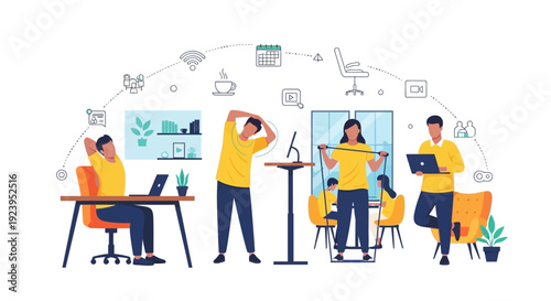 Hybrid Work Wellness & Productivity: Diverse Employees Stretching, Exercising, and Collaborating in a Flexible Office Setting
