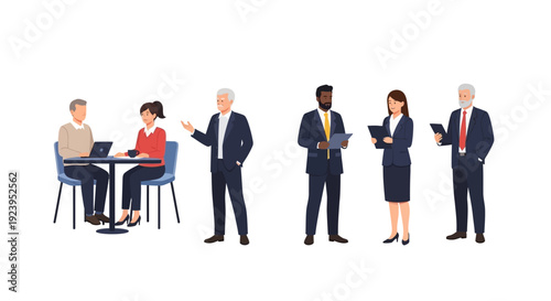 Diverse Business Professionals Team Engaging in Meeting and Stand-alone Tasks - Flat Vector Illustration of Modern Corporate Workforce