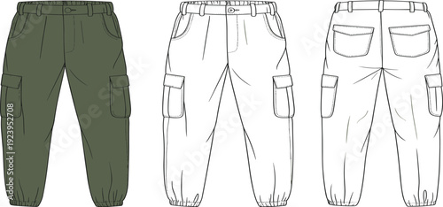 Photos Technical flat sketch of men cargo pants, front and back view, fashion apparel d