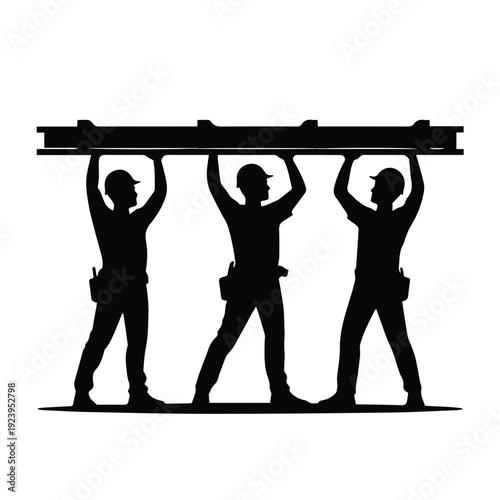 A minimalist vector graphic illustration of three workers in silhouette holding a long beam