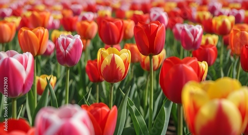 Vibrant tulip field with red yellow orange and pink flowers in bloom outdoors