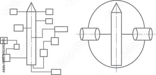 Diagram illustrating a mechanical valve and its internal structural components in two views
