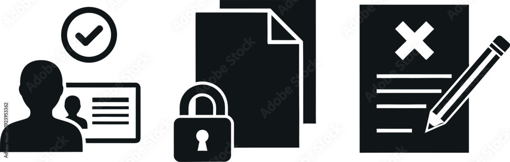 Obraz premium Icons representing document verification, security, and rejection processes