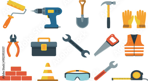 Collection of construction and repair tool icons, hammer, drill, saw and safety gear isolated on white background