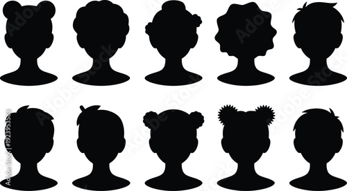 Children hair cut silhouette vector collection. Kids head profile icons in different hairstyles.