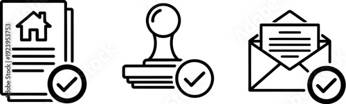 Icons representing real estate contract signing and communication process