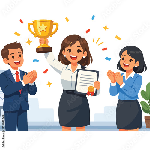 Businesswoman holding trophy, certificate; colleagues applauding