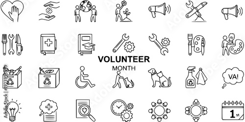 Volunteer Month Icons: Helping Hands, Community, Charity, Art, Animals