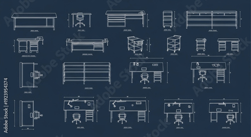 Architectural blueprints showcasing various office furniture designs and layouts for workspace planning.