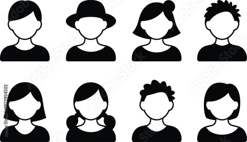 Boys and girls face avatar silhouettes vector icons
