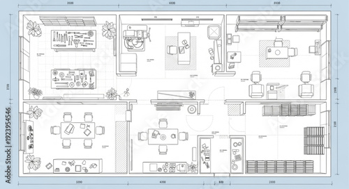 Detailed architectural floor plan showcasing interior design and room layouts with furniture arrangements.