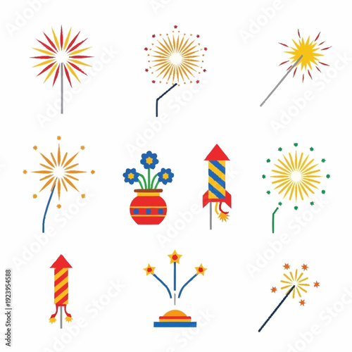 Colorful Fireworks and Sparklers Illustration Set.