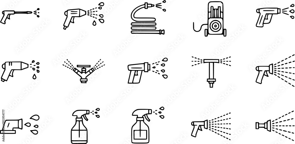 Naklejka premium Water Spraying Tools Equipment Outline Icons Set: Sprayers, Hoses, Washers, Sprinklers