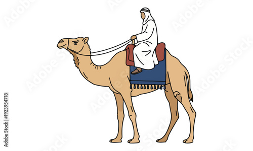 Arab Man Riding Camel, Desert Travel, Traditional Dress Illustration