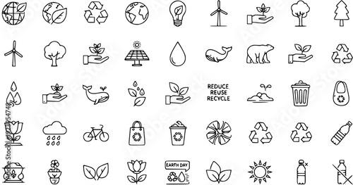 Eco-friendly  Environment Line Icons Set: Sustainability, Nature, Recycling, Renewable Energy