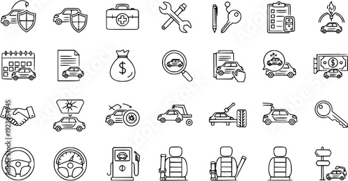 Automotive Business, Car Service, Repair, Sales, and Insurance Line Icons Set
