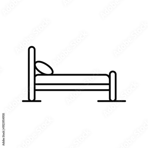 Simple line art icon of a single bed with pillow, representing sleep, rest, or accommodation